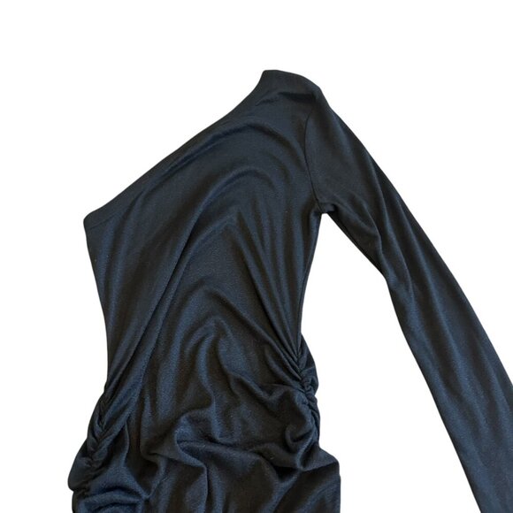 Michael Stars Black One Shoulder Dress Long Sleeve Ruched Stretch Size Large - Picture 9 of 13